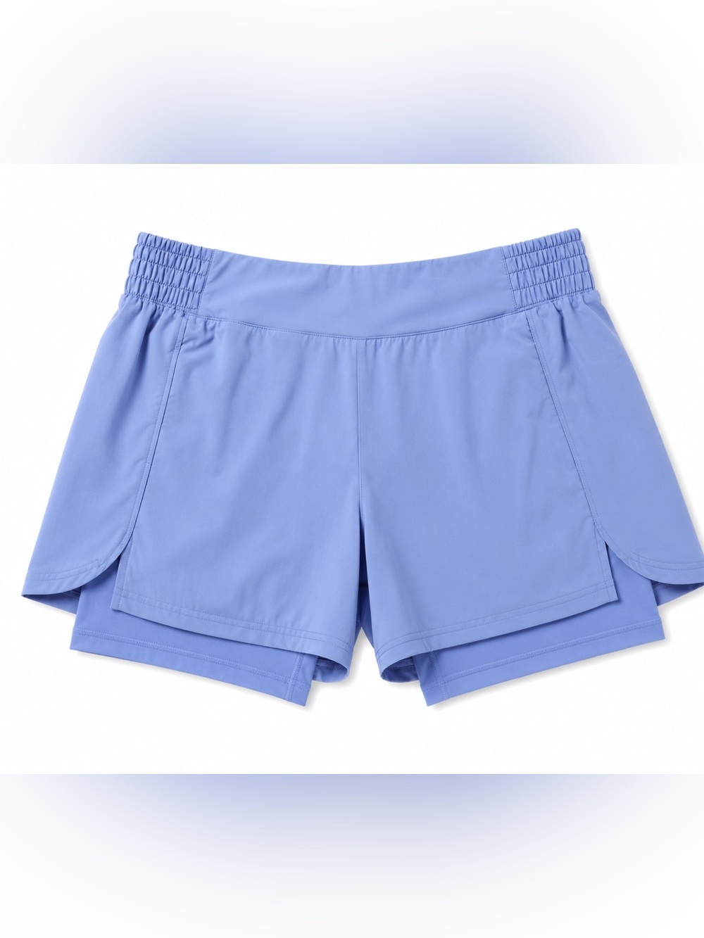 Layer 8 blue shorts with compression shorts underneath